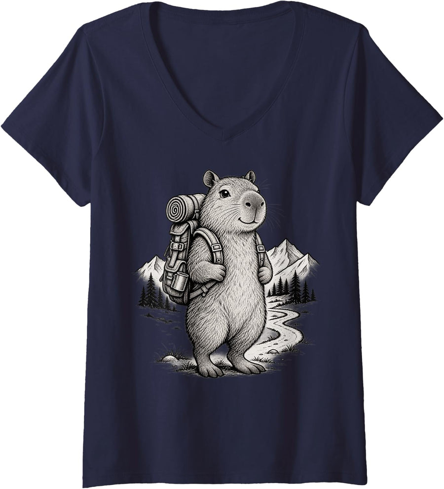 Women's Hiking Lover Humor Outdoor Backpacking Trail Capybara Hiker V-Neck T-Shirt - Navy Blue