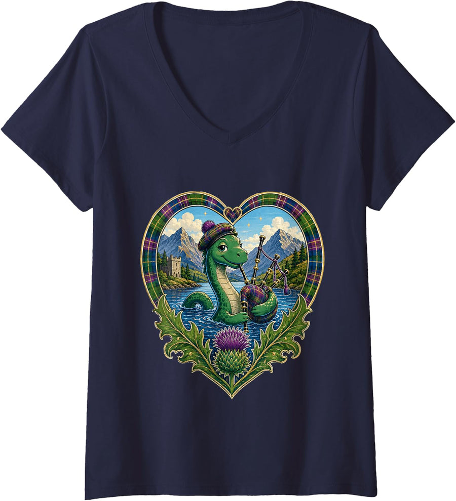 Women's Cute Nessie Playing Bagpipes Scottish Heart V-Neck T-Shirt - Navy Blue