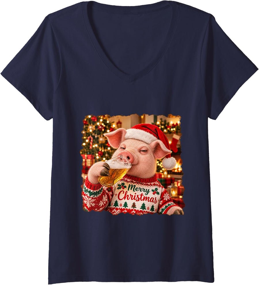 Women's Merry Christmas Pig Lovers Funny Holiday Party V-Neck T-Shirt - Navy Blue
