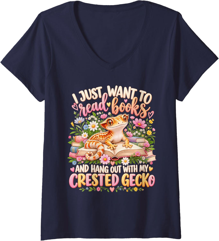 Women's I Just Want to Read Books and Hang Out with My Crested Gecko V-Neck T-Shirt - Navy Blue