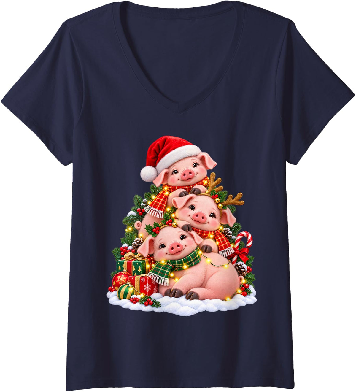 Women's Joyful Pig Holiday Animal Lover Graphic V-Neck T-Shirt - Navy Blue