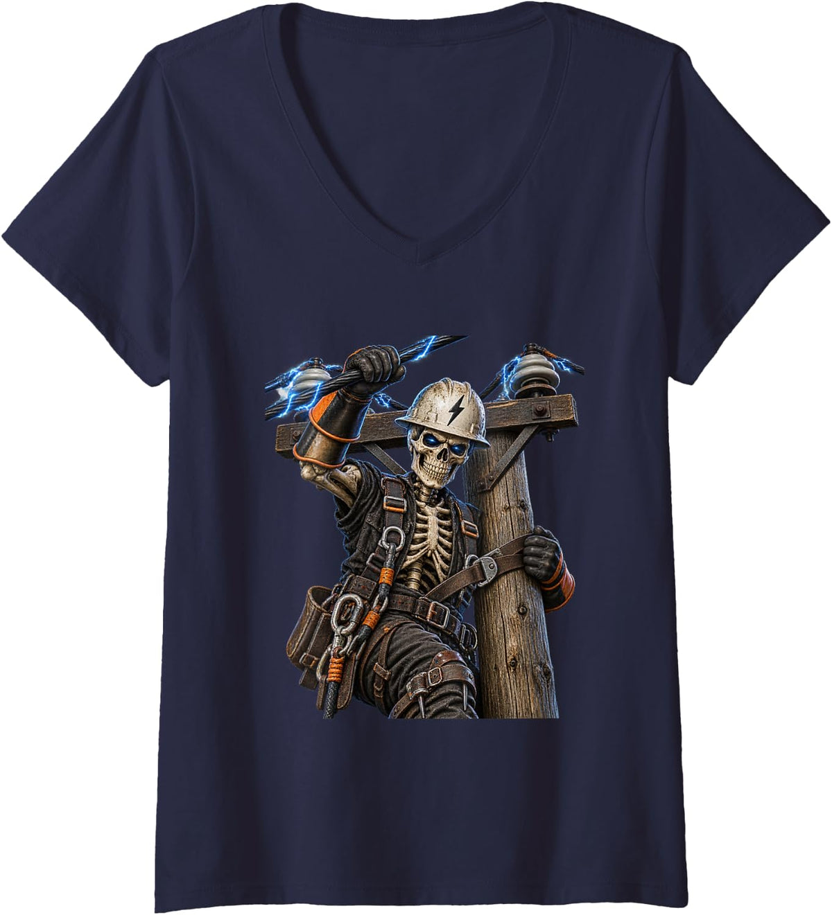 Women's Skeleton Lineman Design for Lineworkers and Lineman V-Neck T-Shirt - Navy Blue