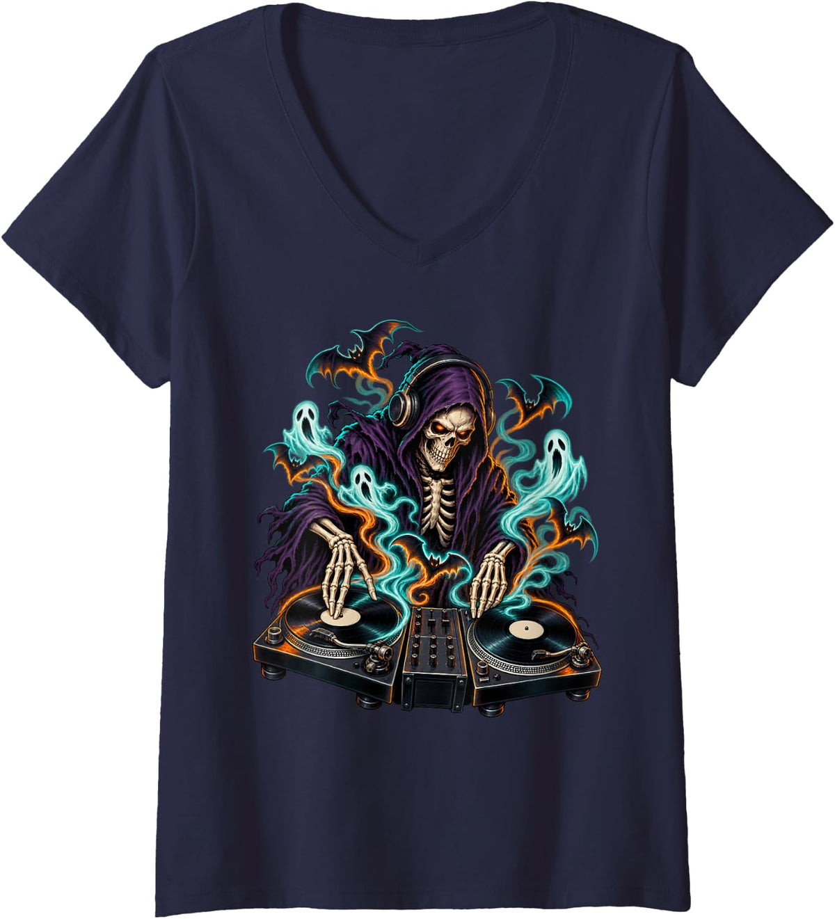 Women's Grim Reaper DJ Turntable Halloween Spooky Horror V-Neck T-Shirt - Navy Blue