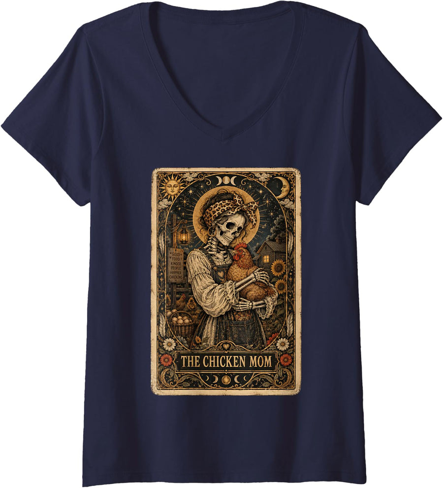 Women's The Chicken Mom Tarot Card Skeleton Farm Girl Hen Lovers V-Neck T-Shirt - Navy Blue