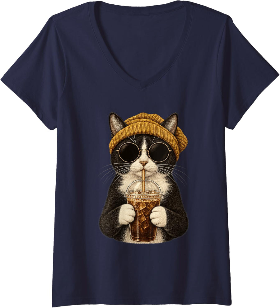 Women's Funny Tuxedo Cat Drinking Iced Coffee with Sunglasses Beanie V-Neck T-Shirt - Navy Blue