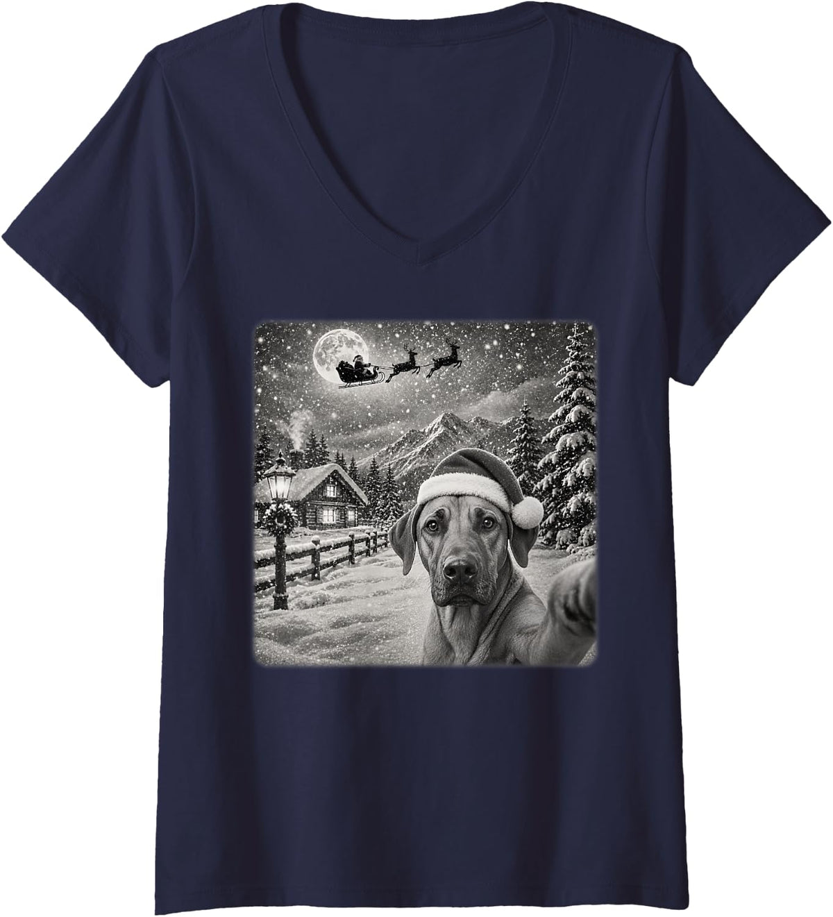 Women's Moon Night Santa Sleigh Rhodesian Ridgeback Dog Christmas V-Neck T-Shirt - Navy Blue