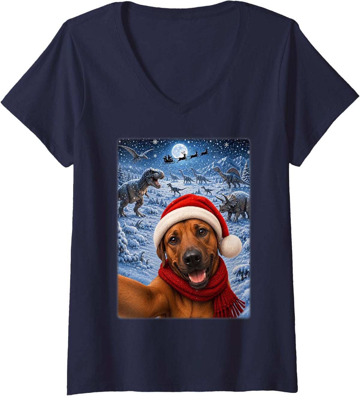 Women's Rhodesian Ridgeback Dog Christmas Moon Night Dinosaurs Xmas V-Neck T-Shirt - Navy Blue