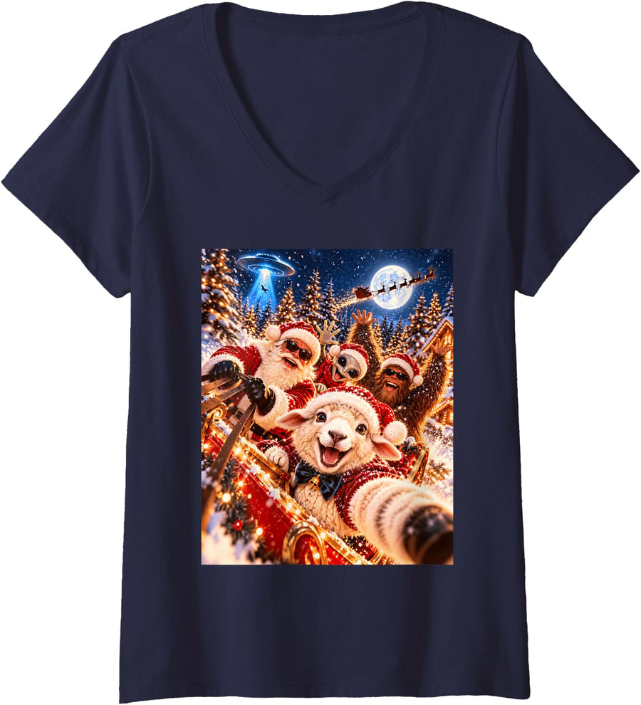 Women's Playful Sheep Santa Christmas Selfie UFO Graphic V-Neck T-Shirt - Navy Blue