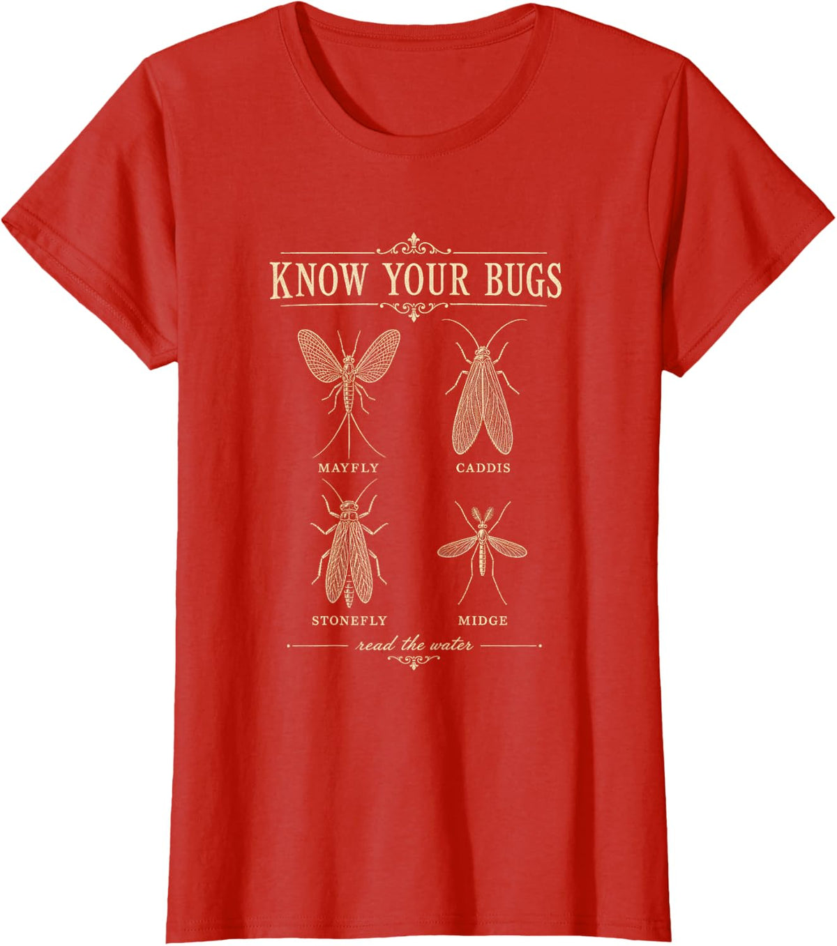 Fly Fishing Know Your Bugs Mayfly Caddis Stonefly Chart T-Shirt - Red