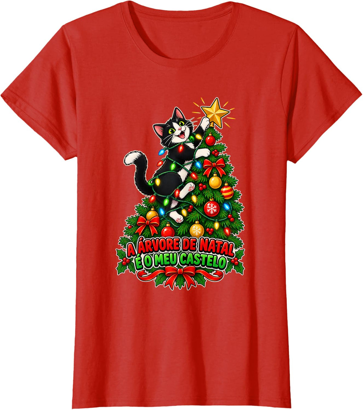 Portuguese Saying Christmas Cat Climbing Tree T-Shirt - Red