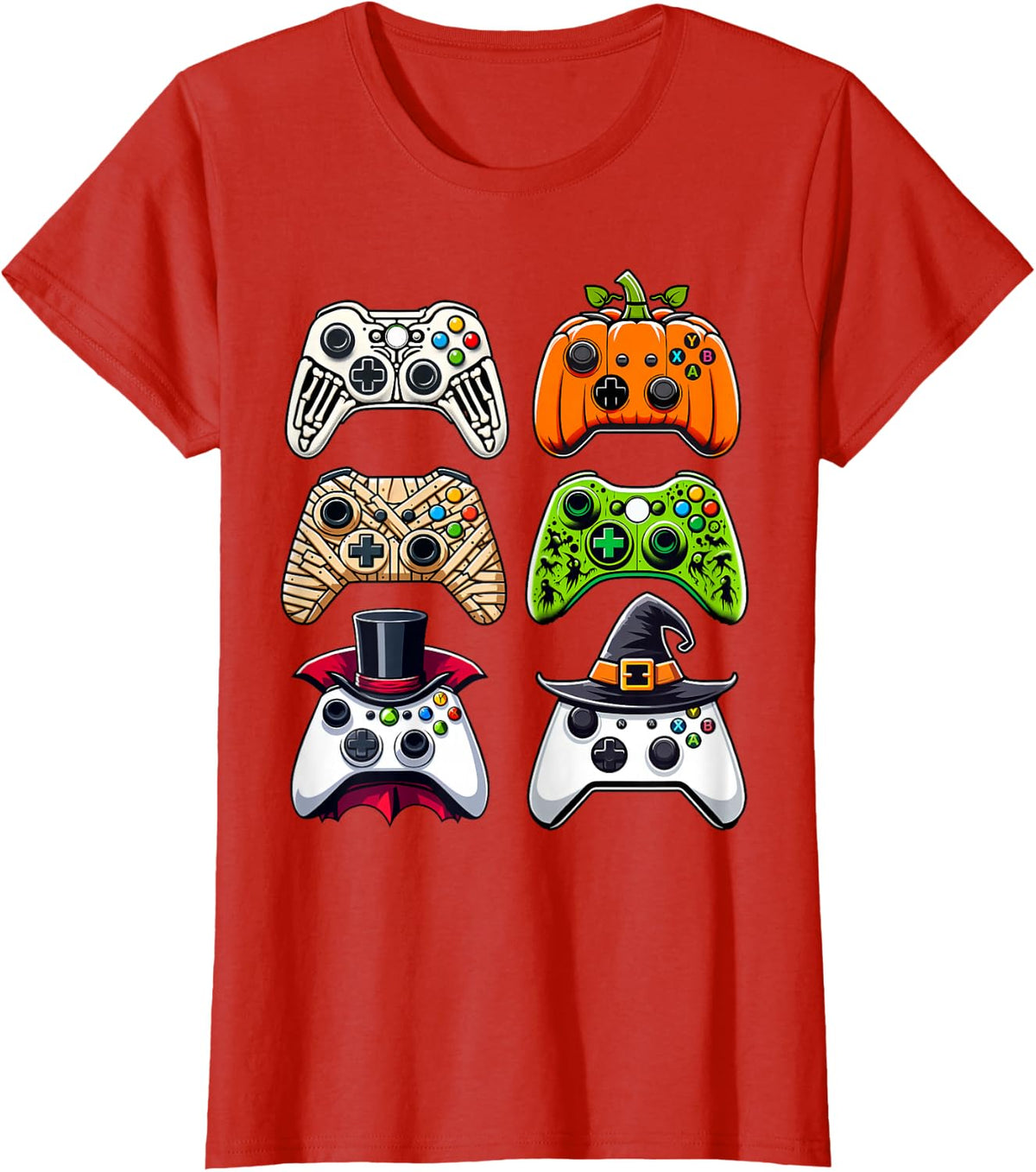 Halloween Skeleton Zombie Gaming Controllers Mummy Boys Kids T-Shirt - Red