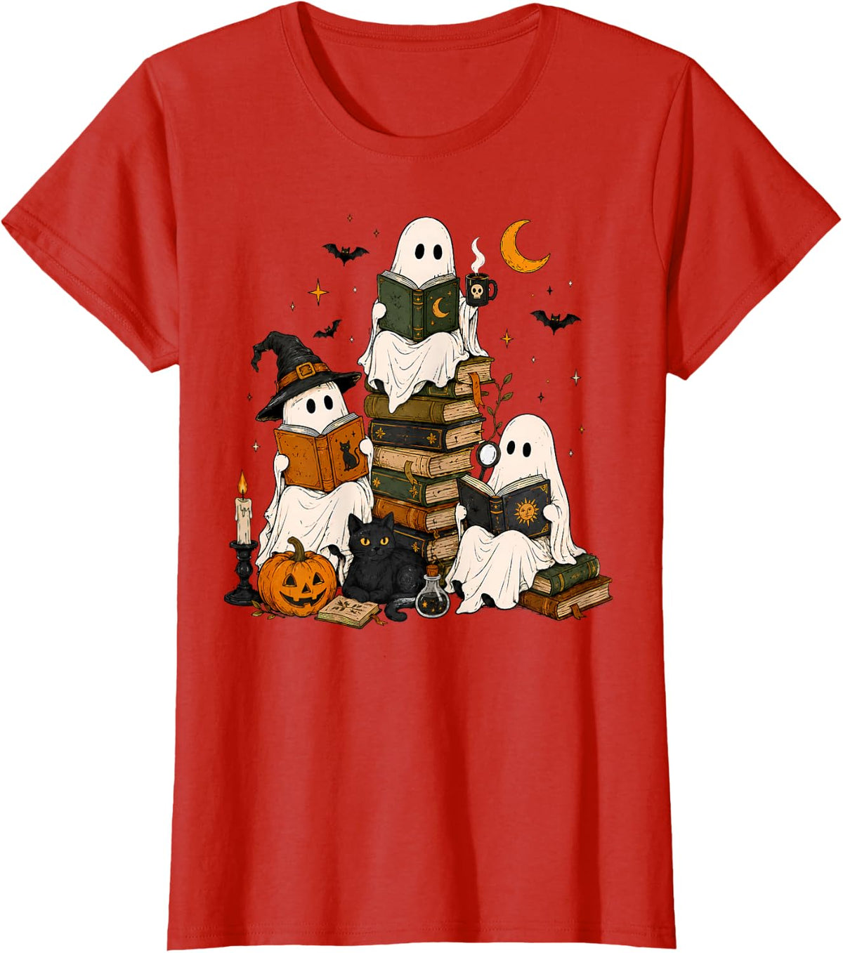 Halloween Ghost Book Lover Spooky Reading Black Cat T-Shirt - Red