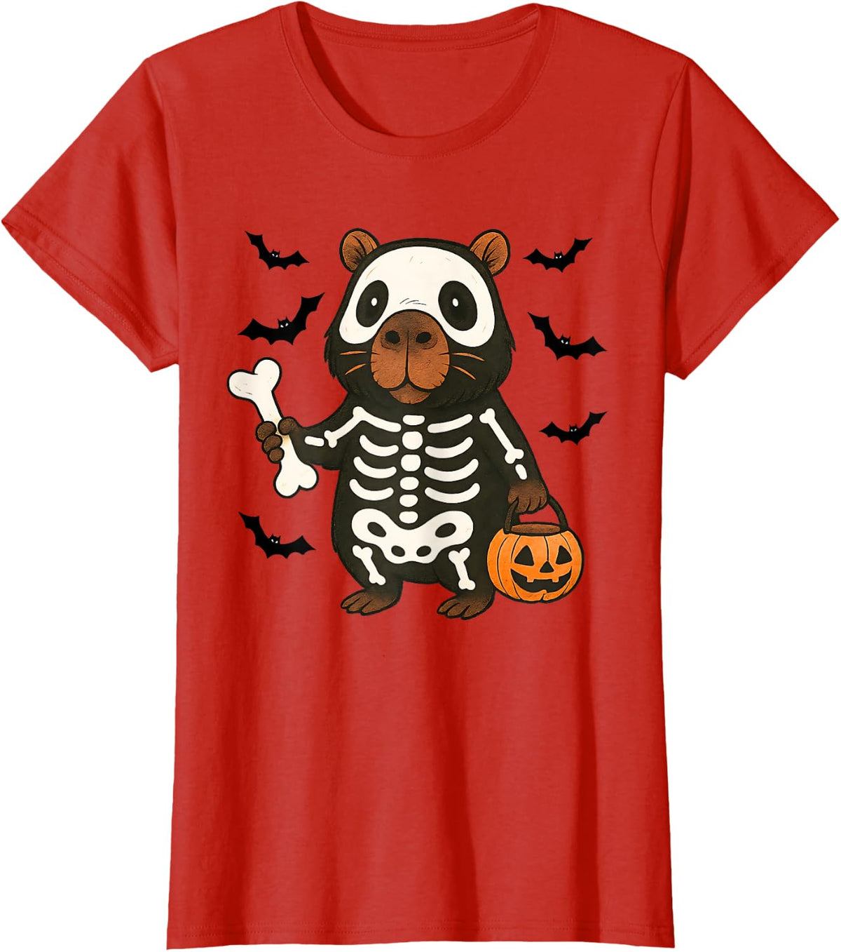 Funny Capybara Skeleton Pumpkin Halloween Costume Spooky T-Shirt - Red