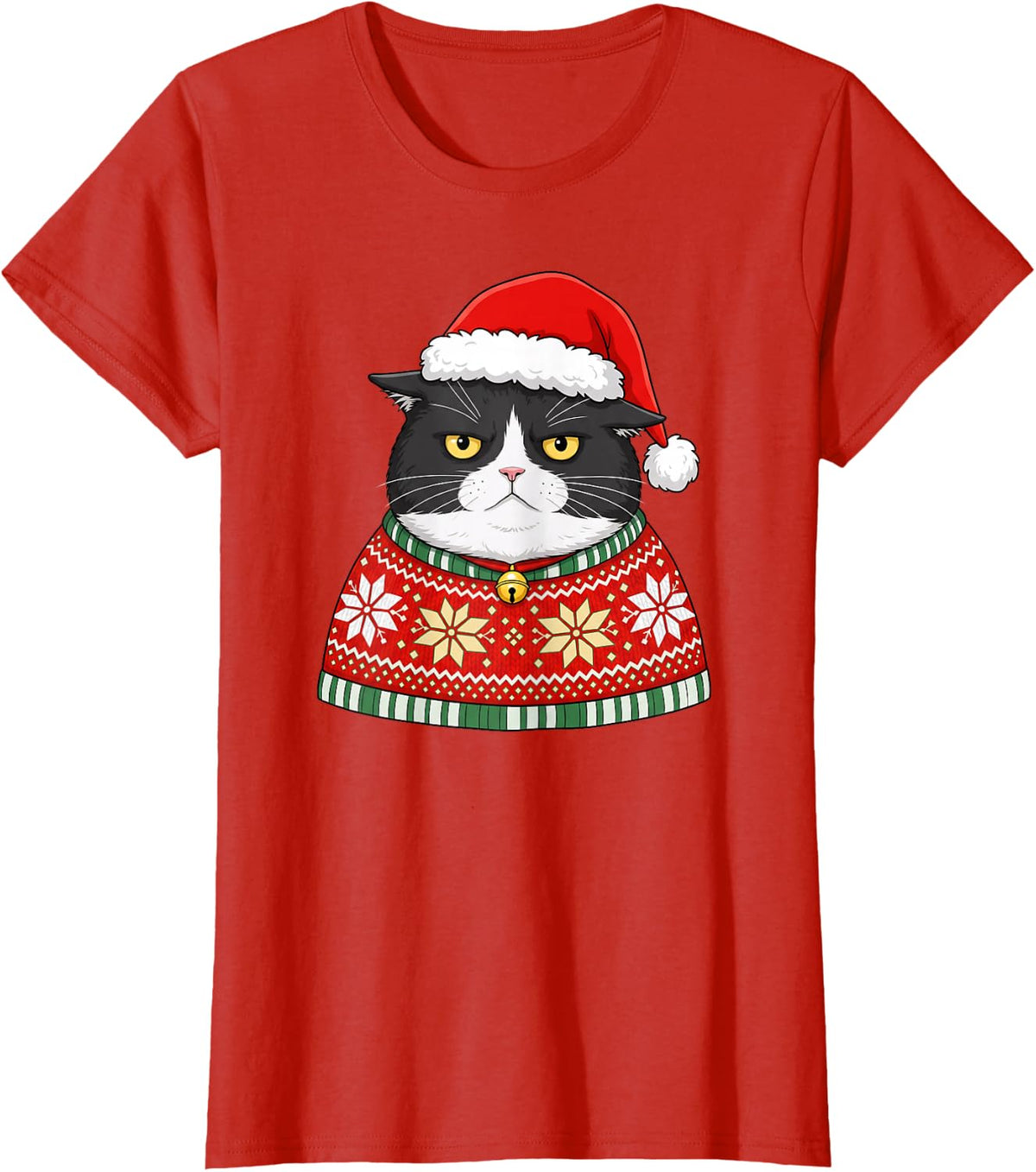 Tuxedo Cat Meow Santa Hat Christmas Tree Lights Cat Catmas T-Shirt - Red