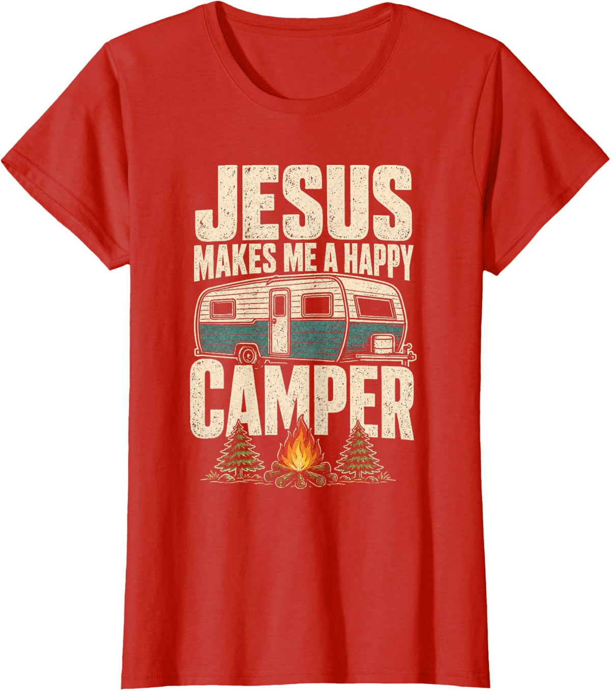 Camping and Jesus Makes Me A Happy Camper Funny Gift T-Shirt - Red