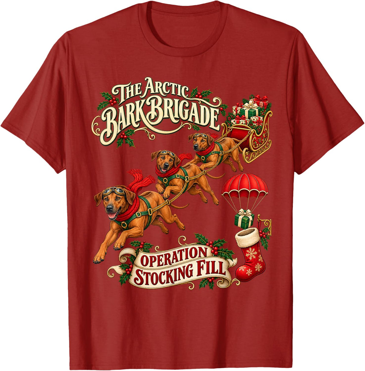 Rhodesian Ridgeback Dog Funny Christmas Parachute T-Shirt - Cranberry Red