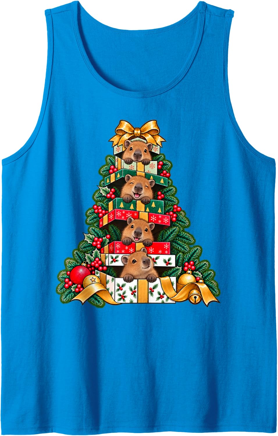Capybara Stacked Wrapped Boxes Holiday Tree Surprise Sleeveless Tank Top - Sapphire Blue