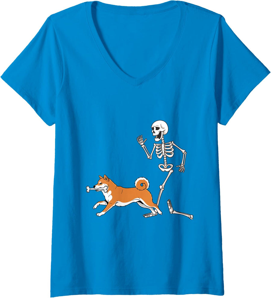Women's Funny Halloween Shiba Inu and Skeleton V-Neck T-Shirt - Sapphire Blue