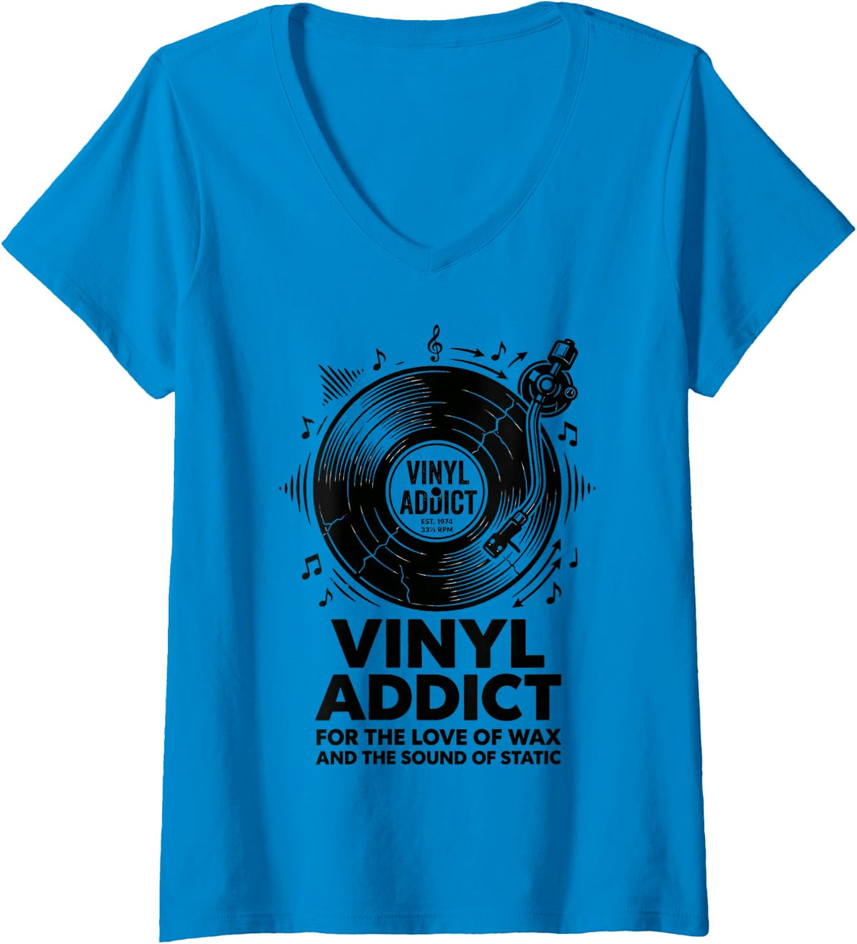 Women's Vinyl Addict Retro Turntable Record Player Graphic V-Neck T-Shirt - Sapphire Blue
