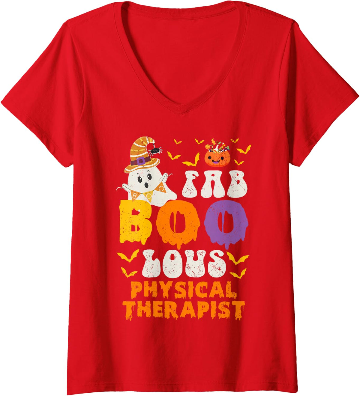 Women's Faboolous Physical Therapist Ghost Halloween Fun V-Neck T-Shirt - Red