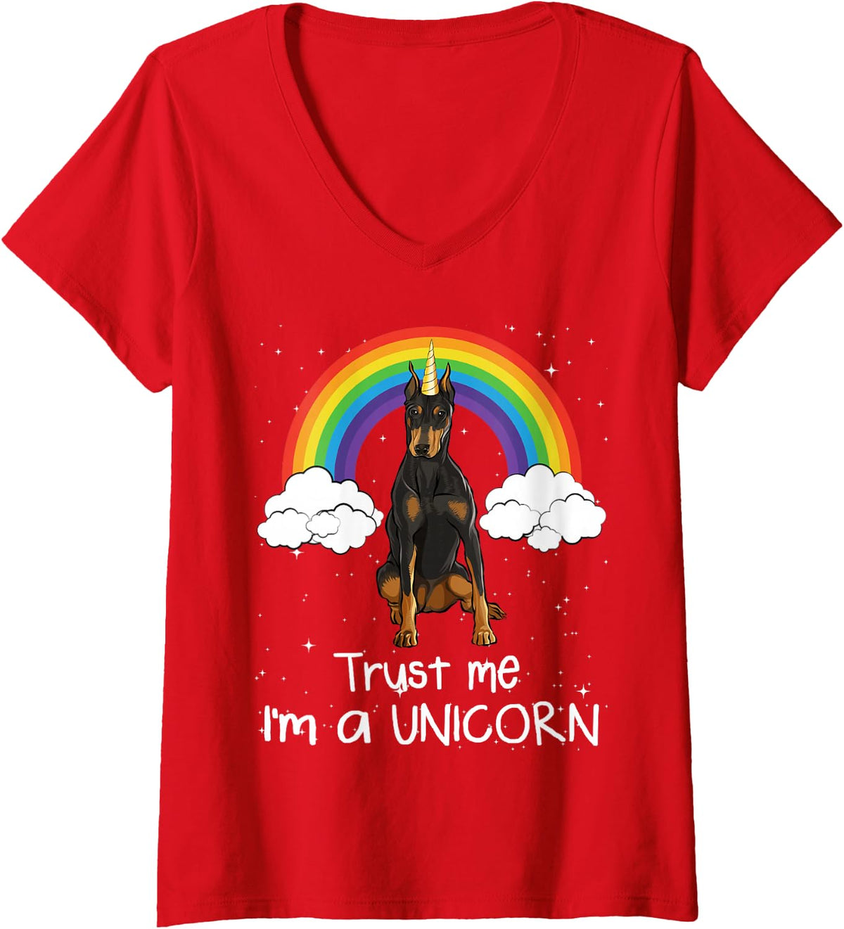 Women's Rainbow Magic Unicorn Doberman V-Neck T-Shirt - Red