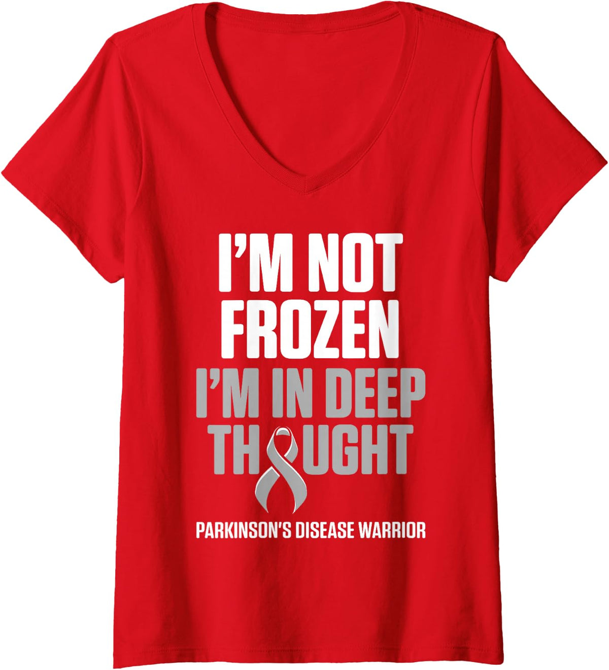 Women's Parkinsons Disease Awareness Deep Thought Warrior Survivor V-Neck T-Shirt - Red