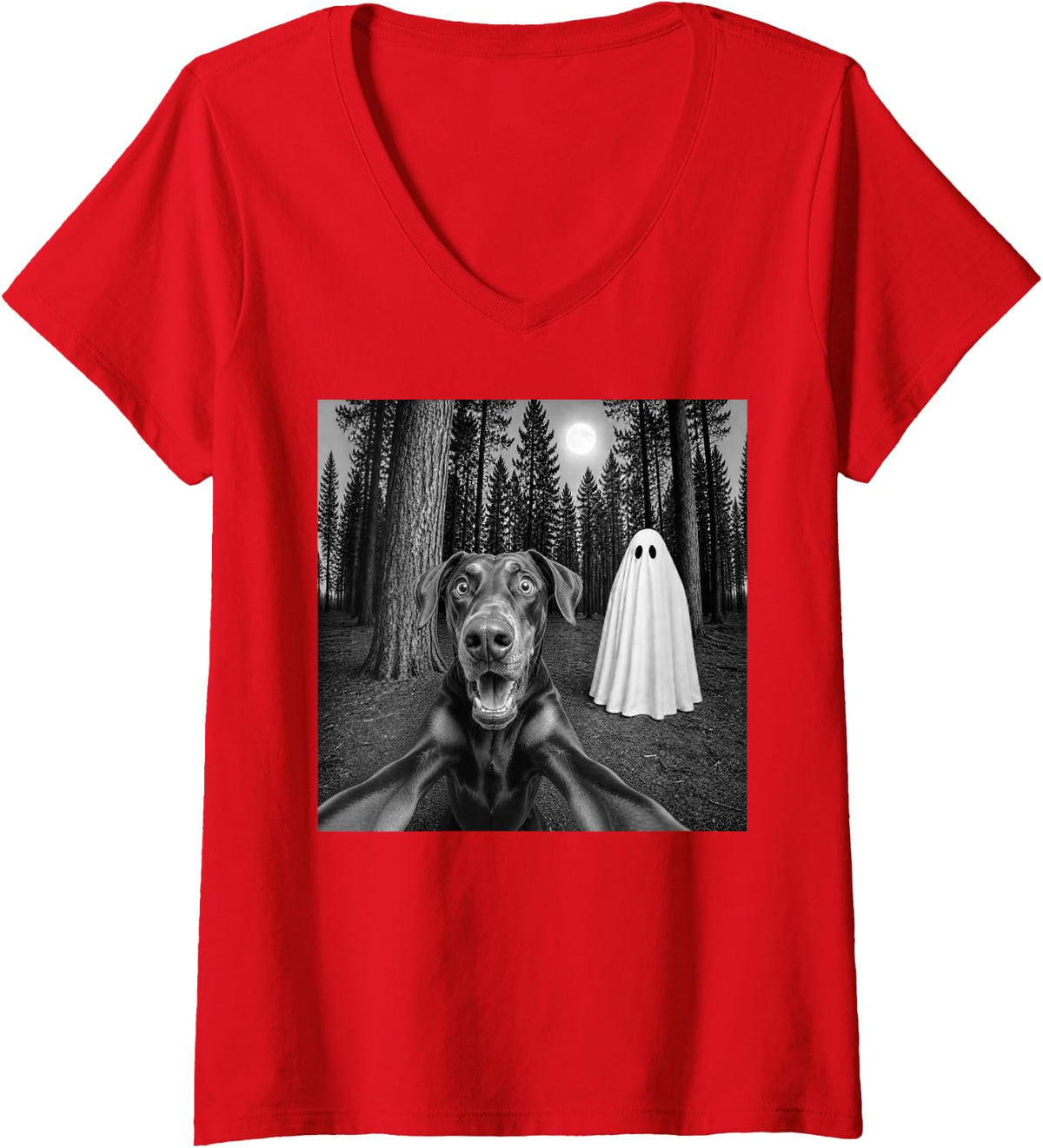 Women's Spooky Doberman Selfie with Ghost Halloween Dobie Dog V-Neck T-Shirt - Red