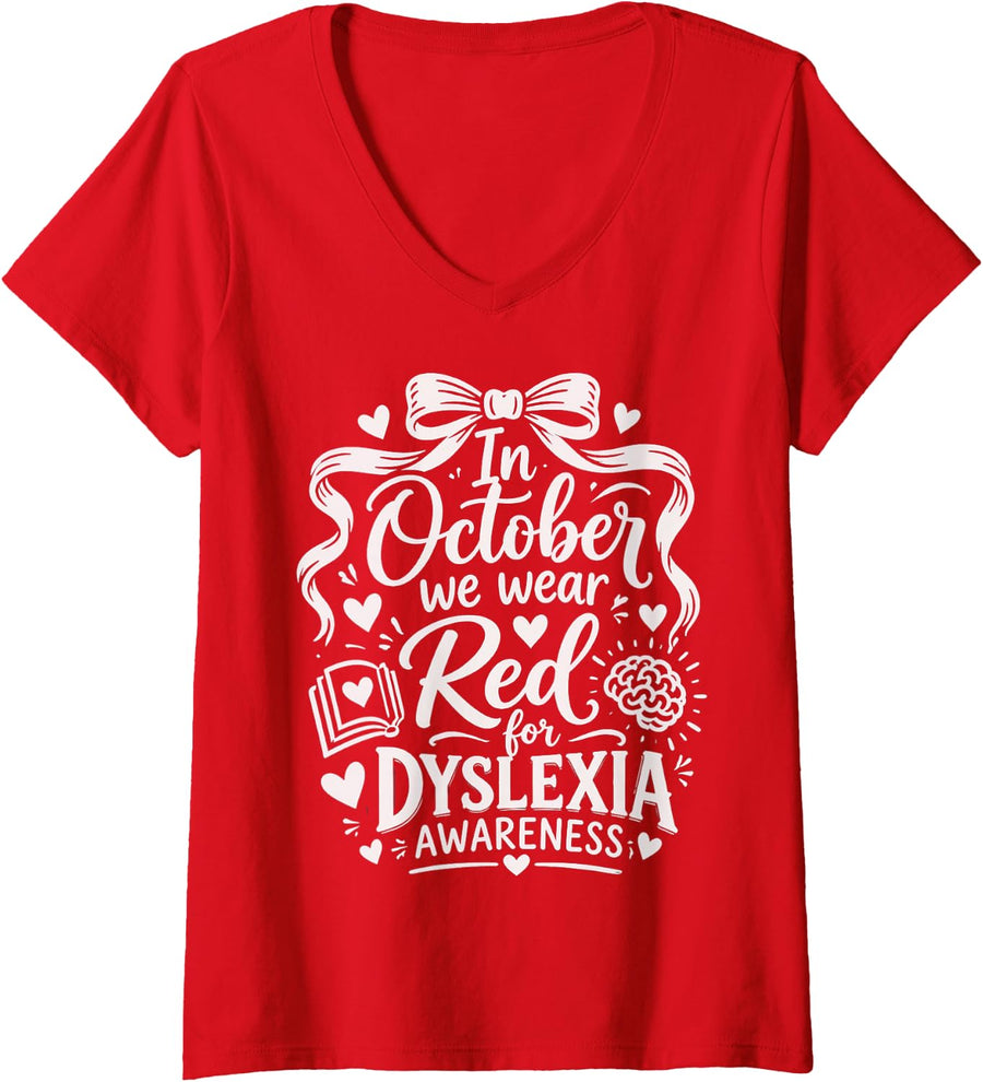 Women's Kids in October We Wear Red for Dyslexia Awareness Teacher V-Neck T-Shirt - Red