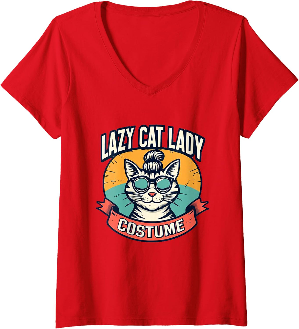 Women's Funny Lazy Cat Lady Costume V-Neck T-Shirt - Red