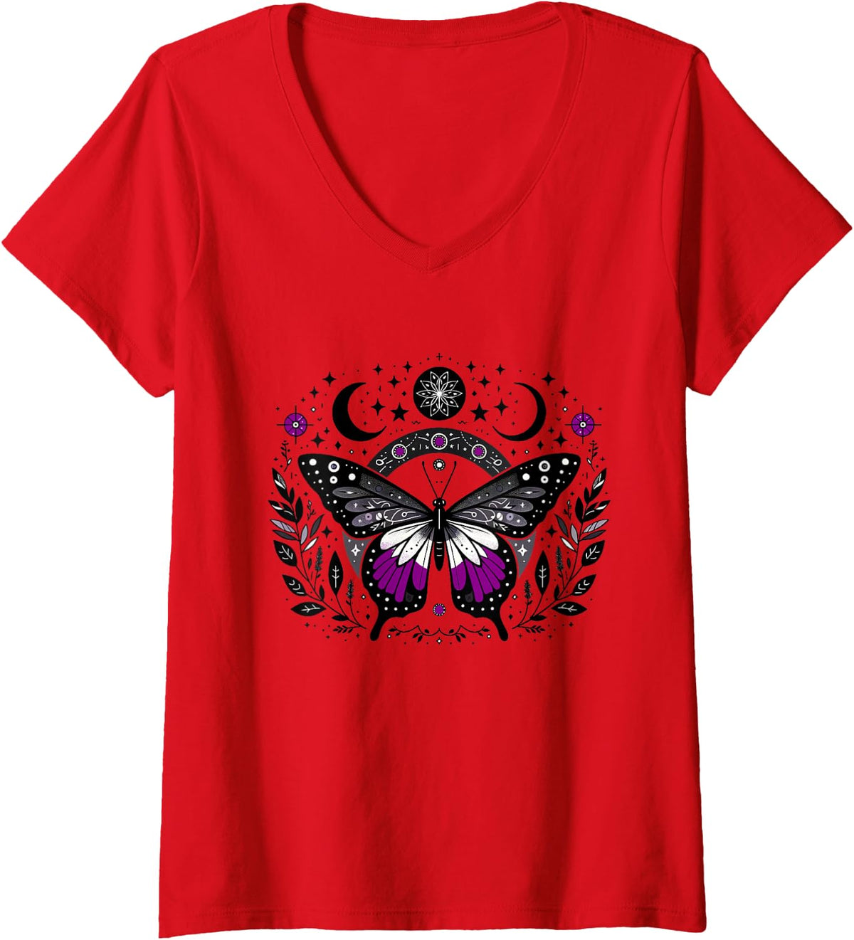 Women's Asexual Pride Butterfly LGBT Month Subtle Discreet V-Neck T-Shirt - Red