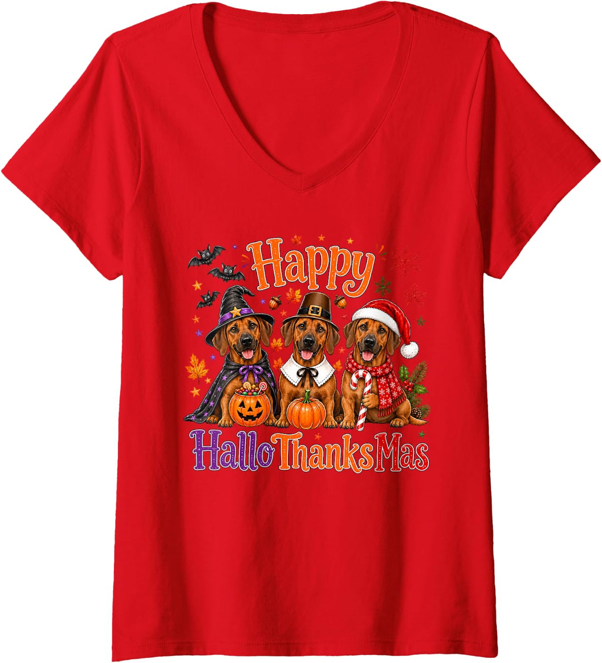 Women's Rhodesian Ridgeback Happy Hallothanksmas Halloween V-Neck T-Shirt - Red