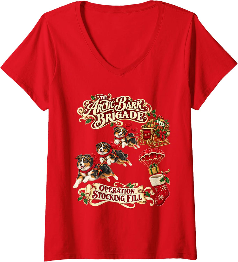 Women's Miniature American Shepherd Dog Christmas Arctic Brigade V-Neck T-Shirt - Red