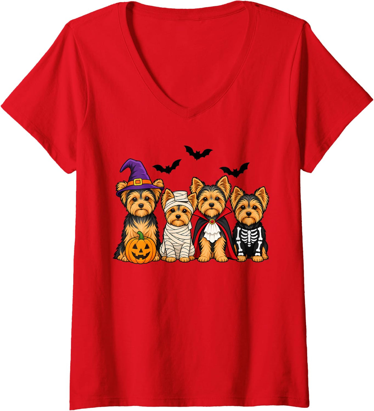Women's Yorkshire Terrier Ghost Witch Mummy Fall Dog Lover Halloween V-Neck T-Shirt - Red