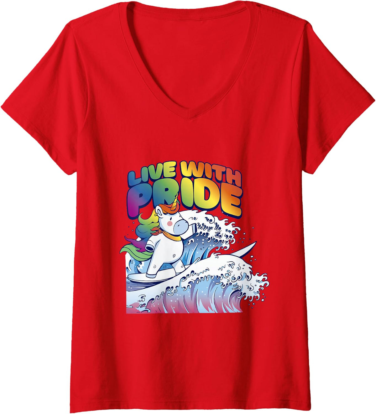 Women's Live with Pride Colorful Unicorn Joyful Self Expression V-Neck T-Shirt - Red