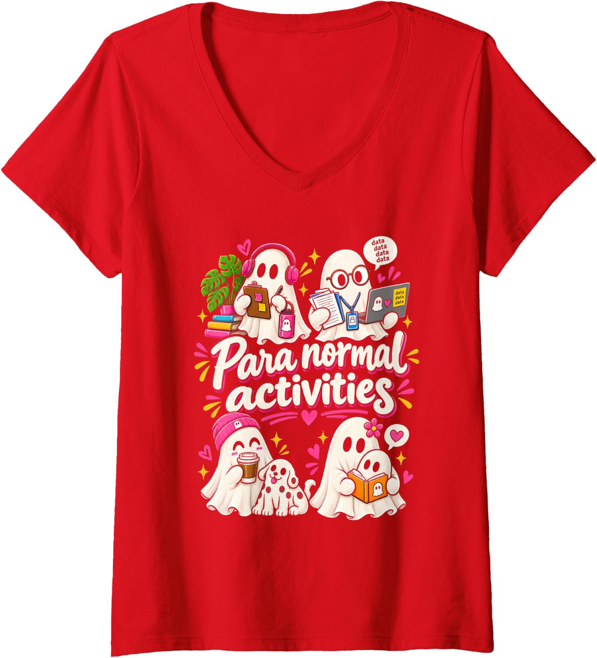 Women's para Normal Activities SPED Teachers Ghost Fall Halloween V-Neck T-Shirt - Red