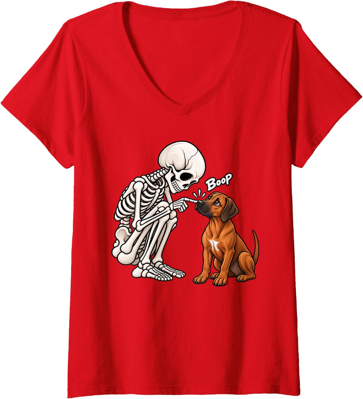 Women's Funny Skeleton Rhodesian Ridgeback Boop Halloween Dog Lover V-Neck T-Shirt - Red