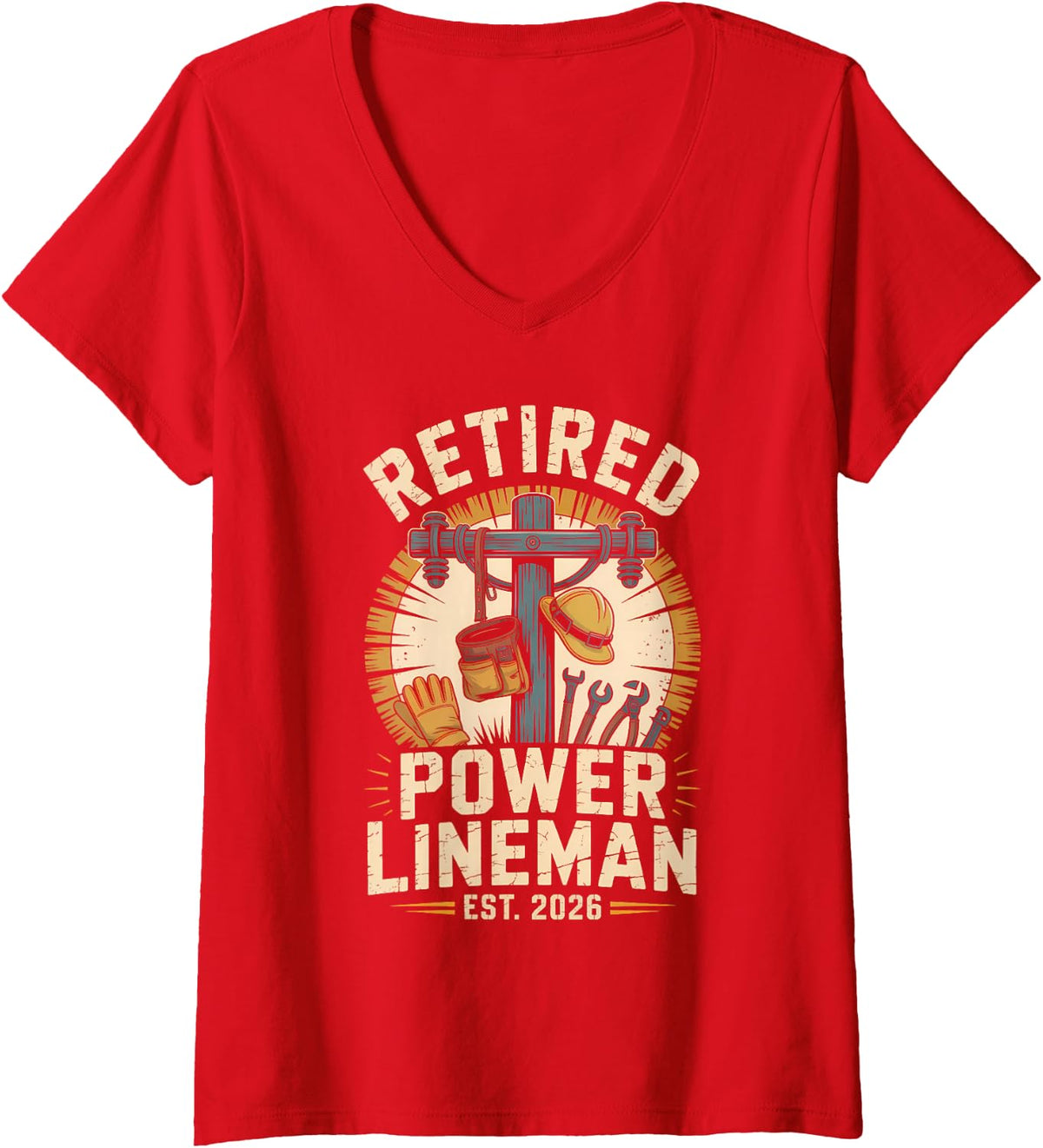 Women's Power Lineman Retired Est 2026 Utility Crew V-Neck T-Shirt - Red