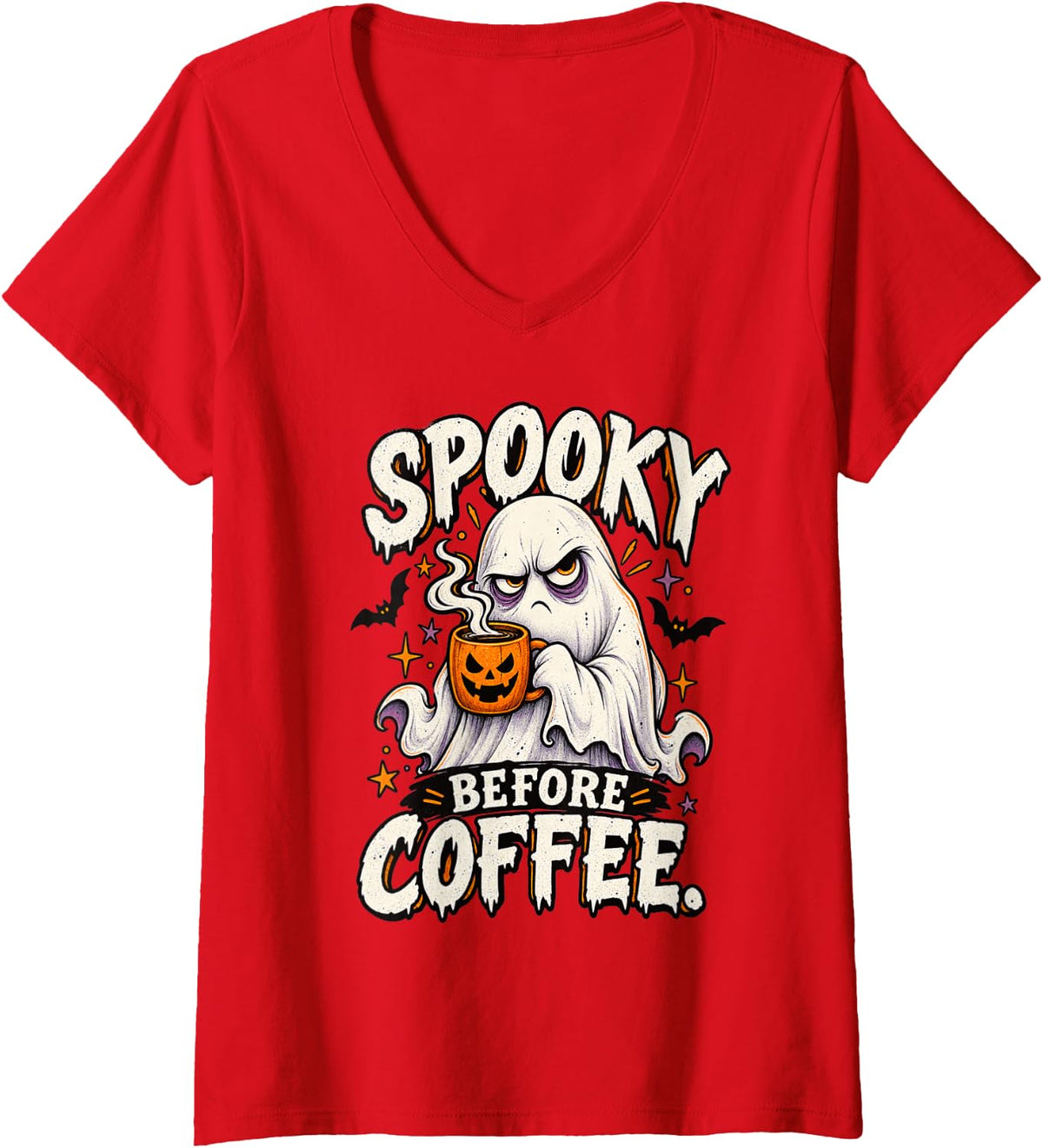 Women's Spooky Before Coffee Funny Halloween Ghost Coffee Lover V-Neck T-Shirt - Red