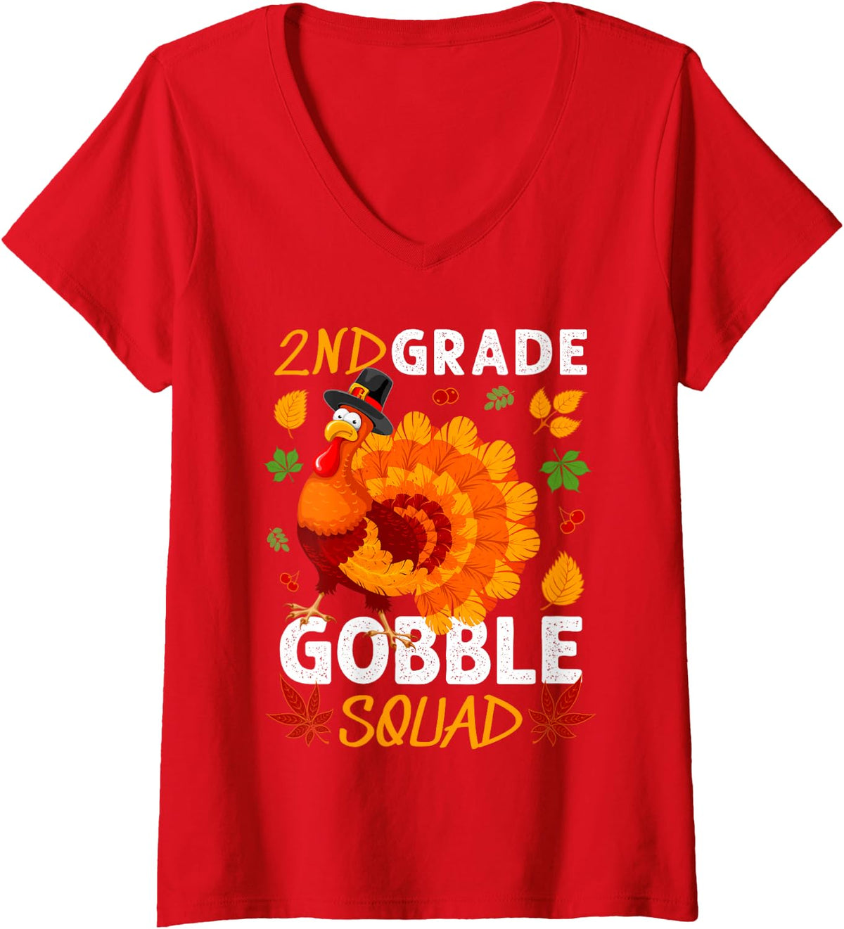 Women's 2nd Grade Gobble Squad Turkey Thanksgiving Fall V-Neck T-Shirt - Red