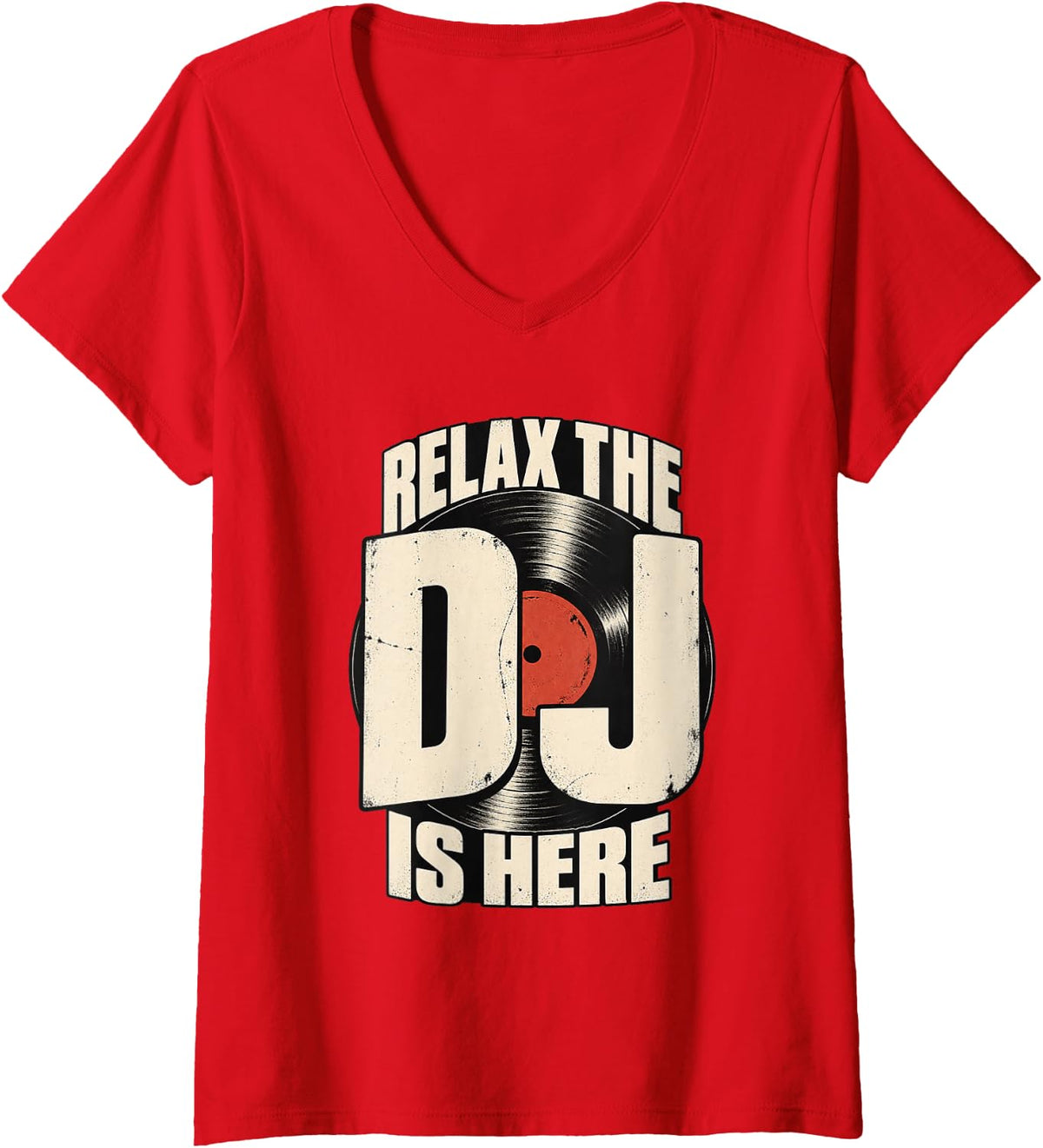 Women's Vinyl DJ Turntable Performance Night Record Typography V-Neck T-Shirt - Red