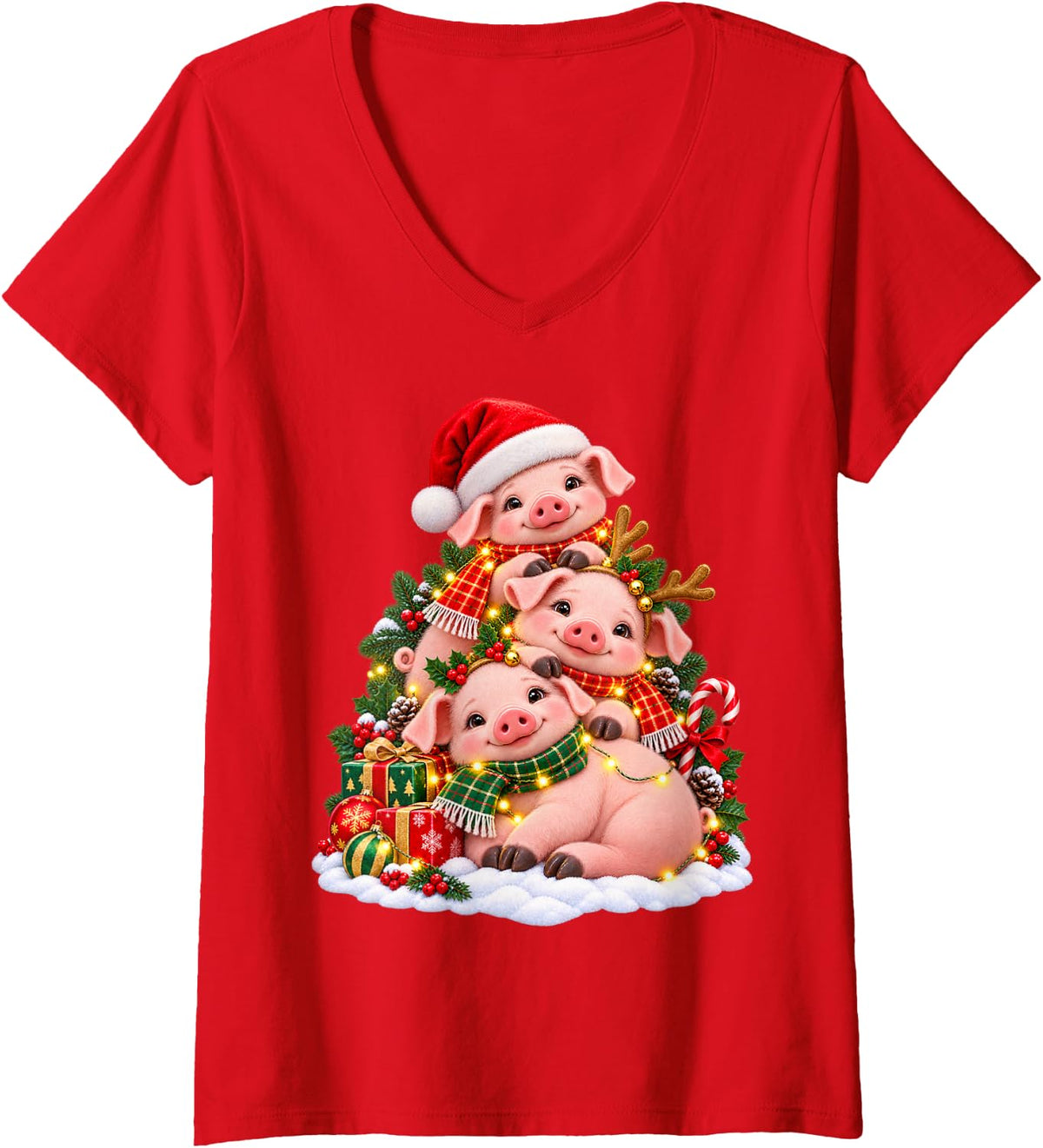 Women's Joyful Pig Holiday Animal Lover Graphic V-Neck T-Shirt - Red