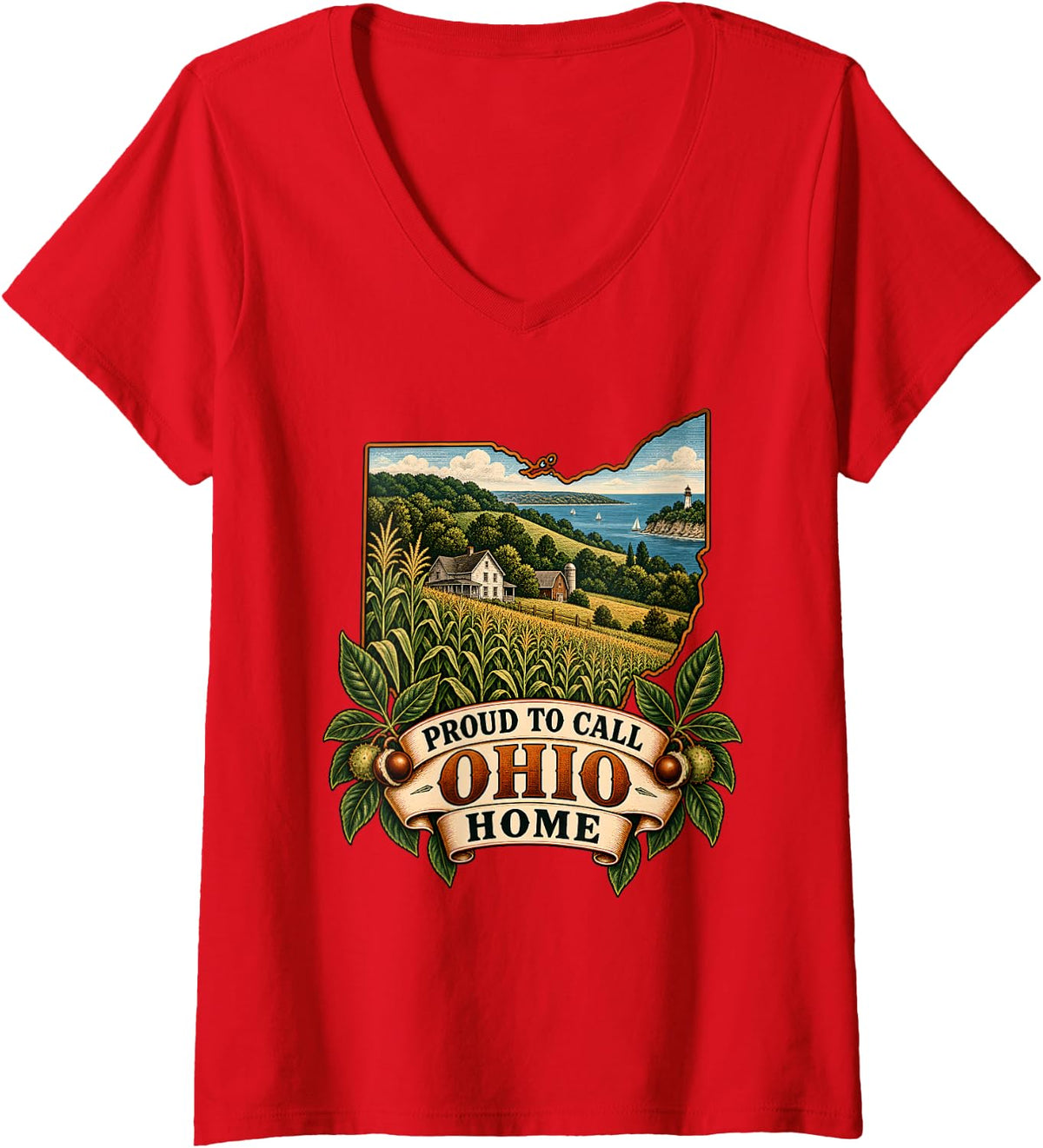 Women's Proud to Call Ohio Home Lake Erie Farmland State Pride V-Neck T-Shirt - Red