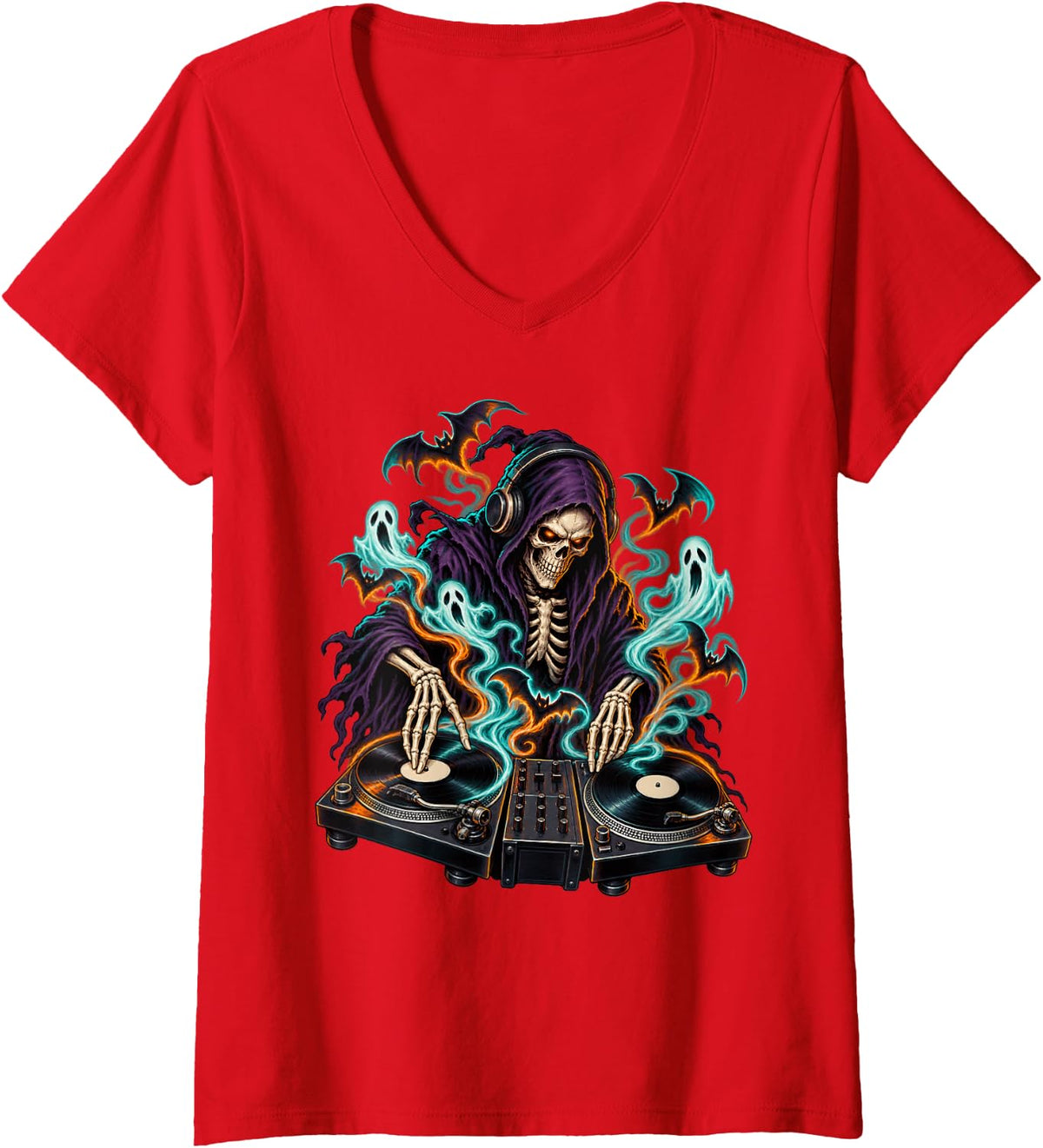 Women's Grim Reaper DJ Turntable Halloween Spooky Horror V-Neck T-Shirt - Red
