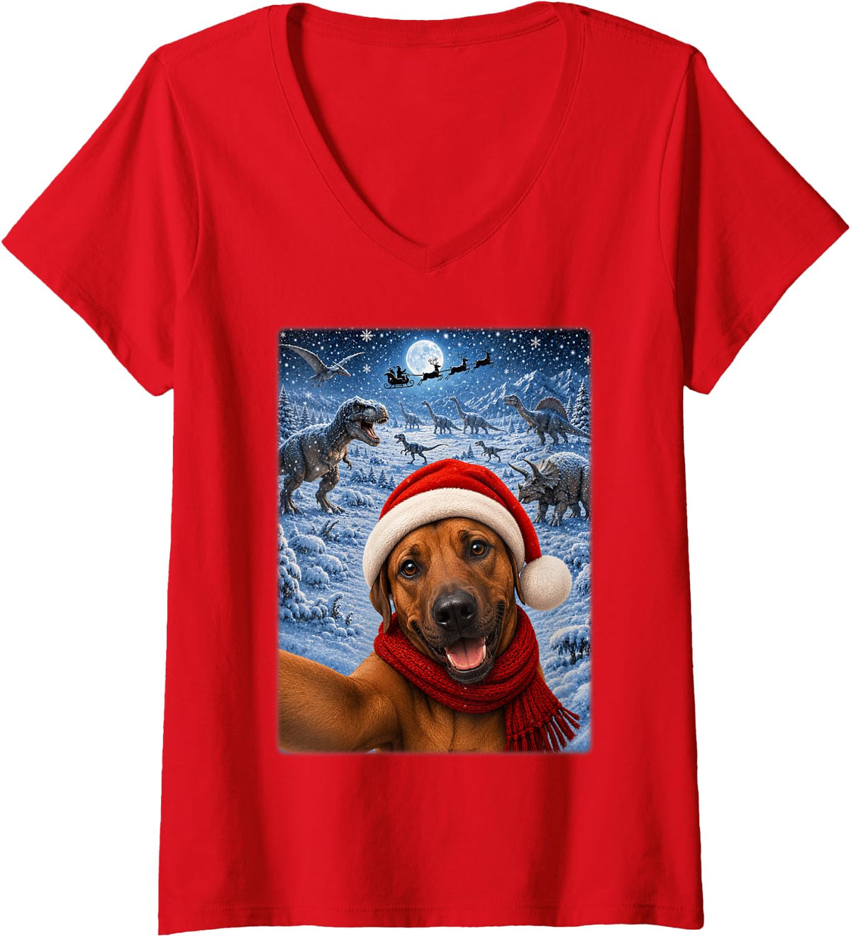 Women's Rhodesian Ridgeback Dog Christmas Moon Night Dinosaurs Xmas V-Neck T-Shirt - Red