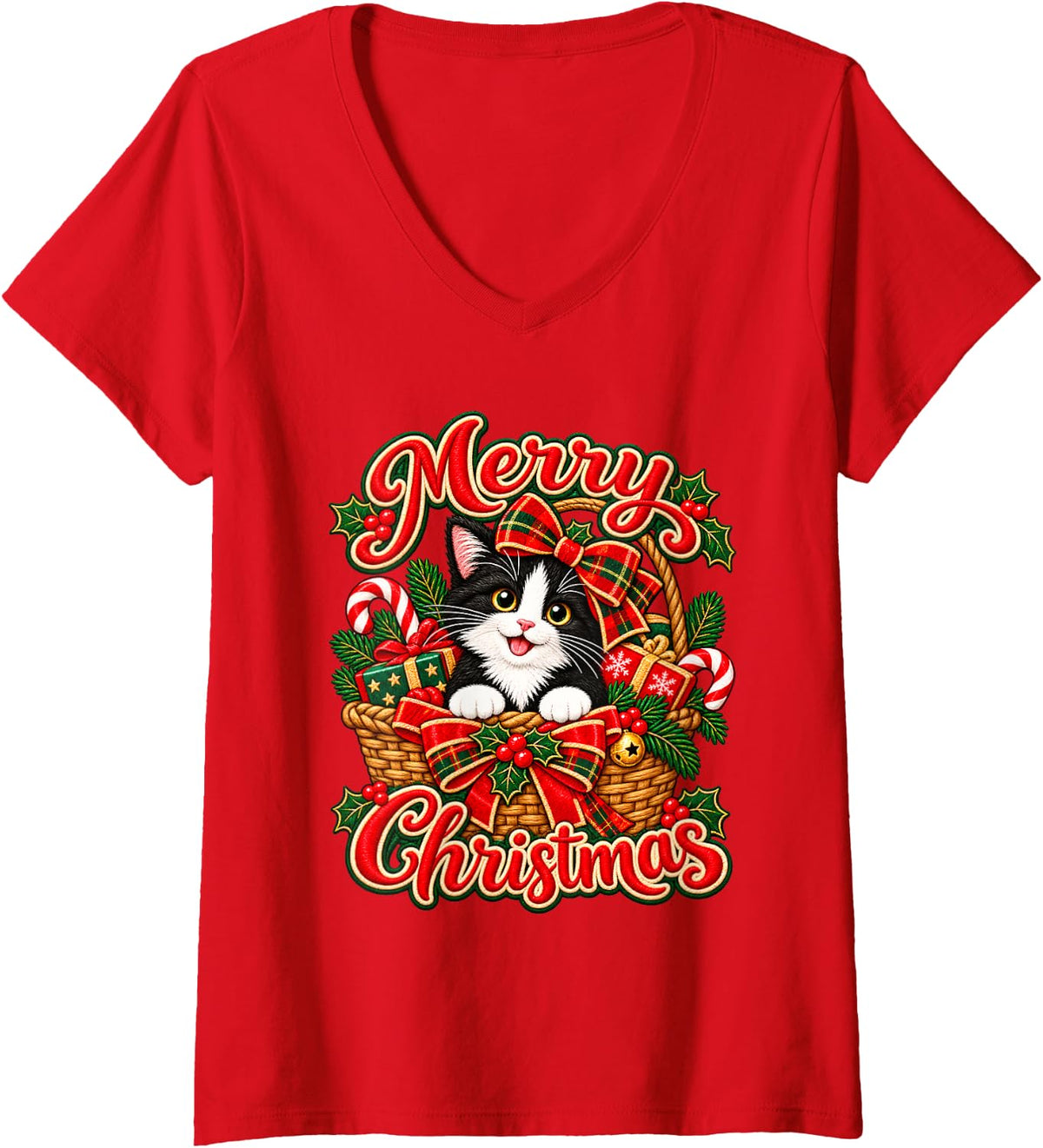 Women's Merry Christmas Cheerful Cat Plaid Bow V-Neck T-Shirt - Red