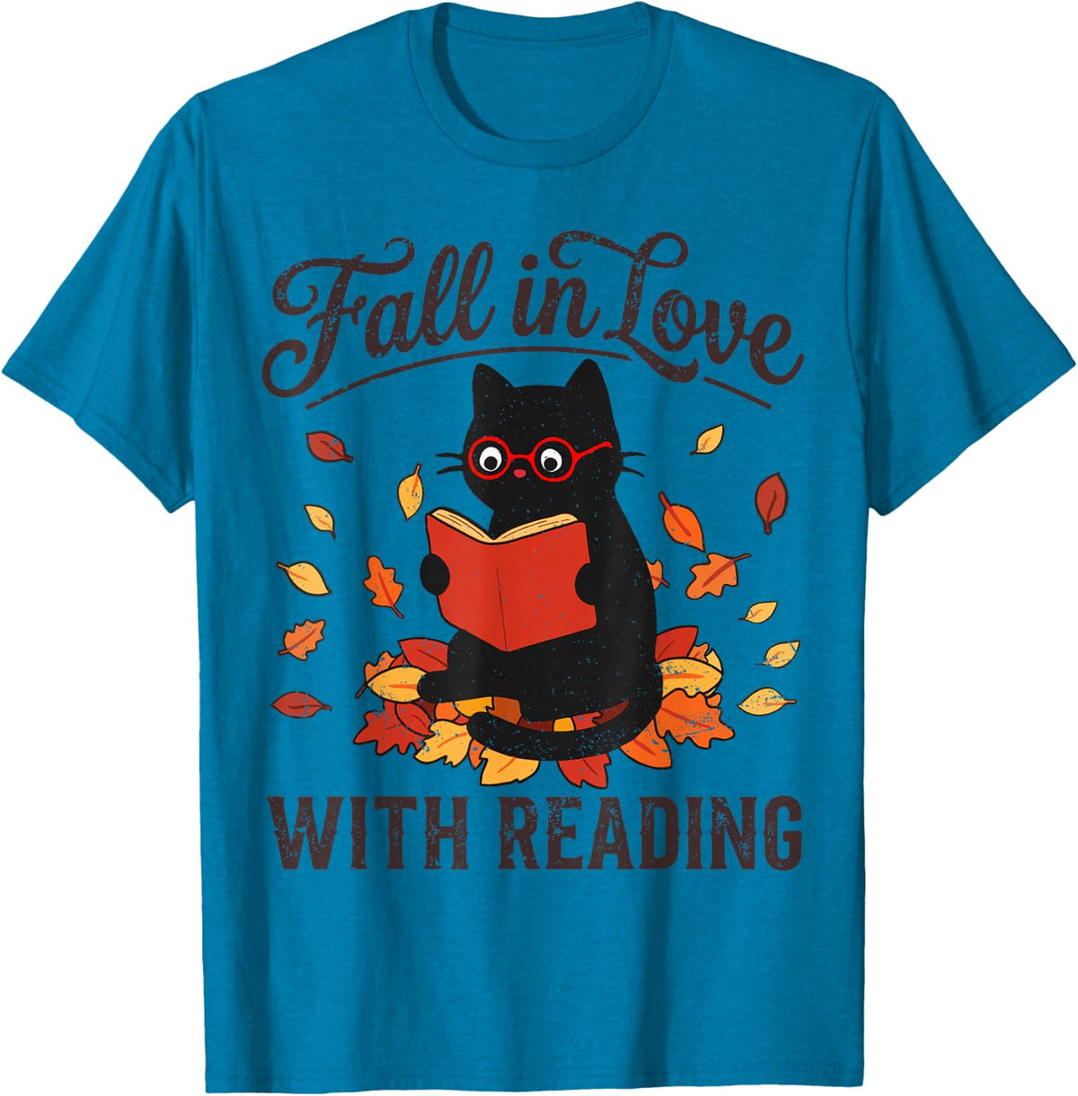 Retro Black Cat Reading Fall in Love with Reading Autumn T-Shirt - Sapphire Blue