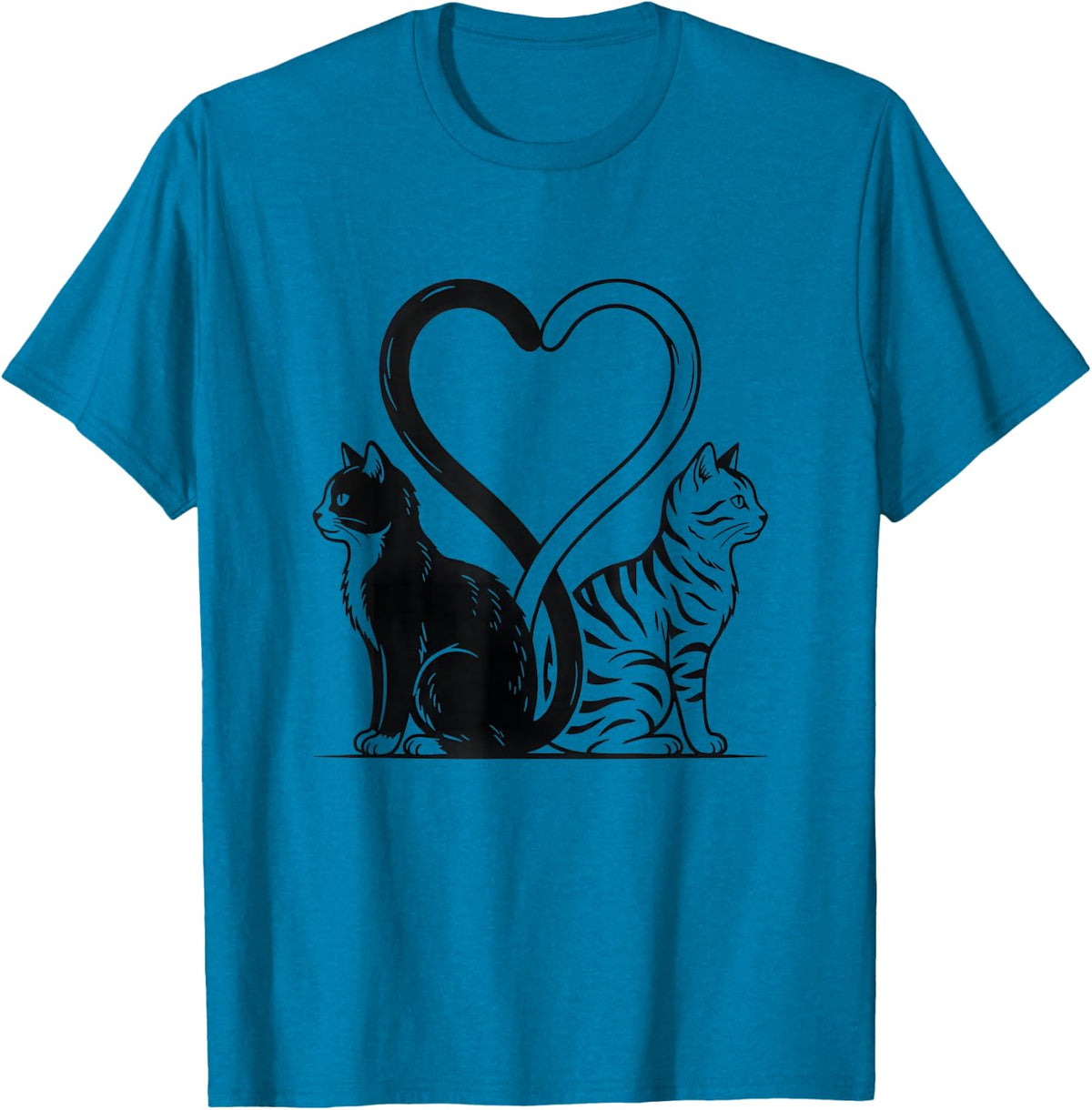 Two Cats Tails Forming a Heart Black Cat and Tabby Kitty T-Shirt - Sapphire Blue
