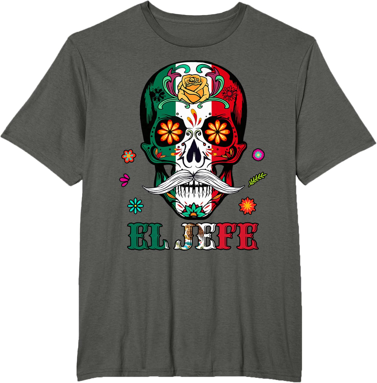El Jefe Sugar Skull Dia De Los Muertos Mexican Heritage Tee T-Shirt - Asphalt Grey