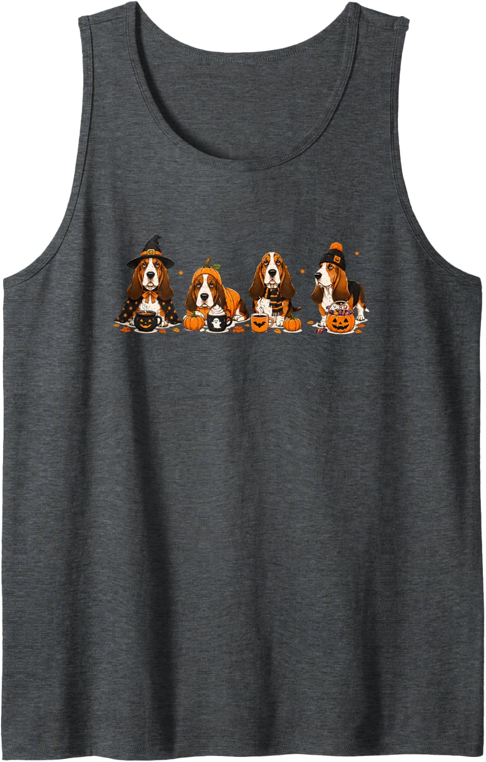 Basset Hound Halloween Pumpkin Sleeveless Tank Top - Dark Heather Grey