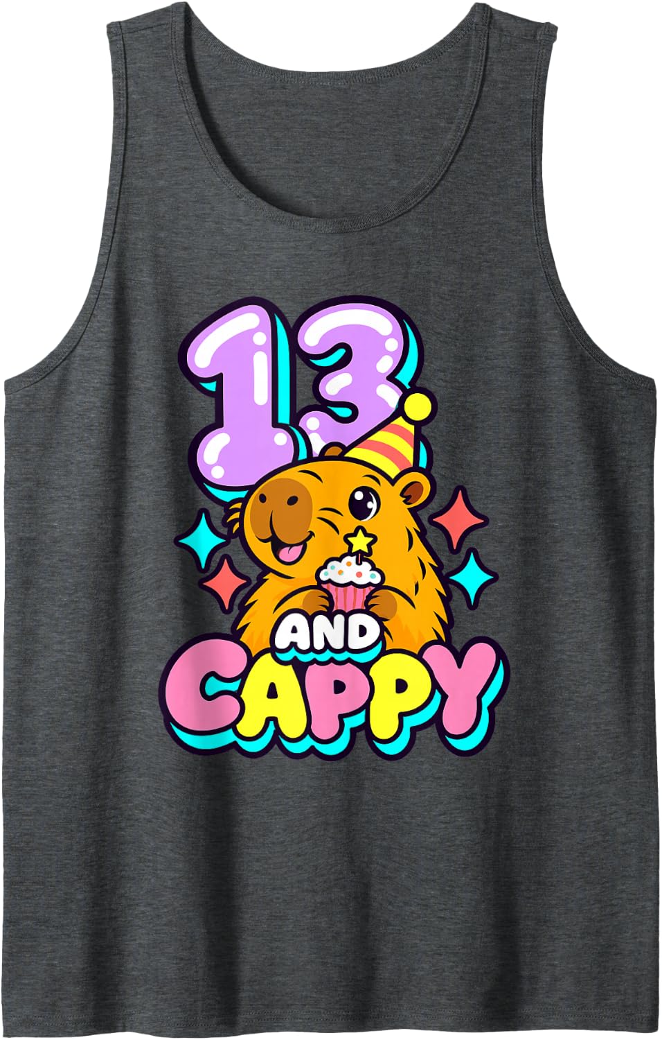 Cappy and 13 Capybara 13th Birthday Party Sparkles Cake Sleeveless Tank Top - Dark Heather Grey